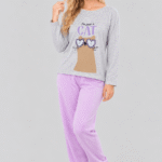 Pijama de Mujer Gato Gris y Lila
