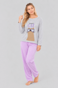 Pijama de Mujer Gato Gris y Lila